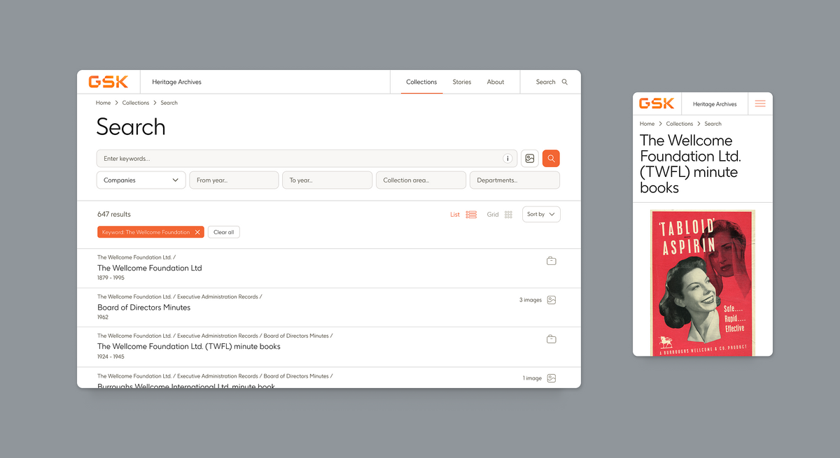 Image of the Search page for the GSK Heritage archives website.